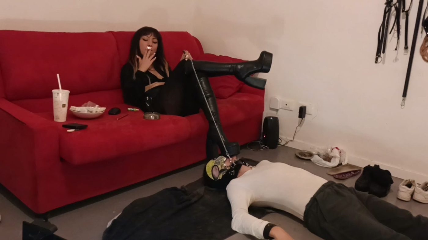 ignored footstool with new boots and dangling while smoking second pov miss sandra domina miss sandra femdom